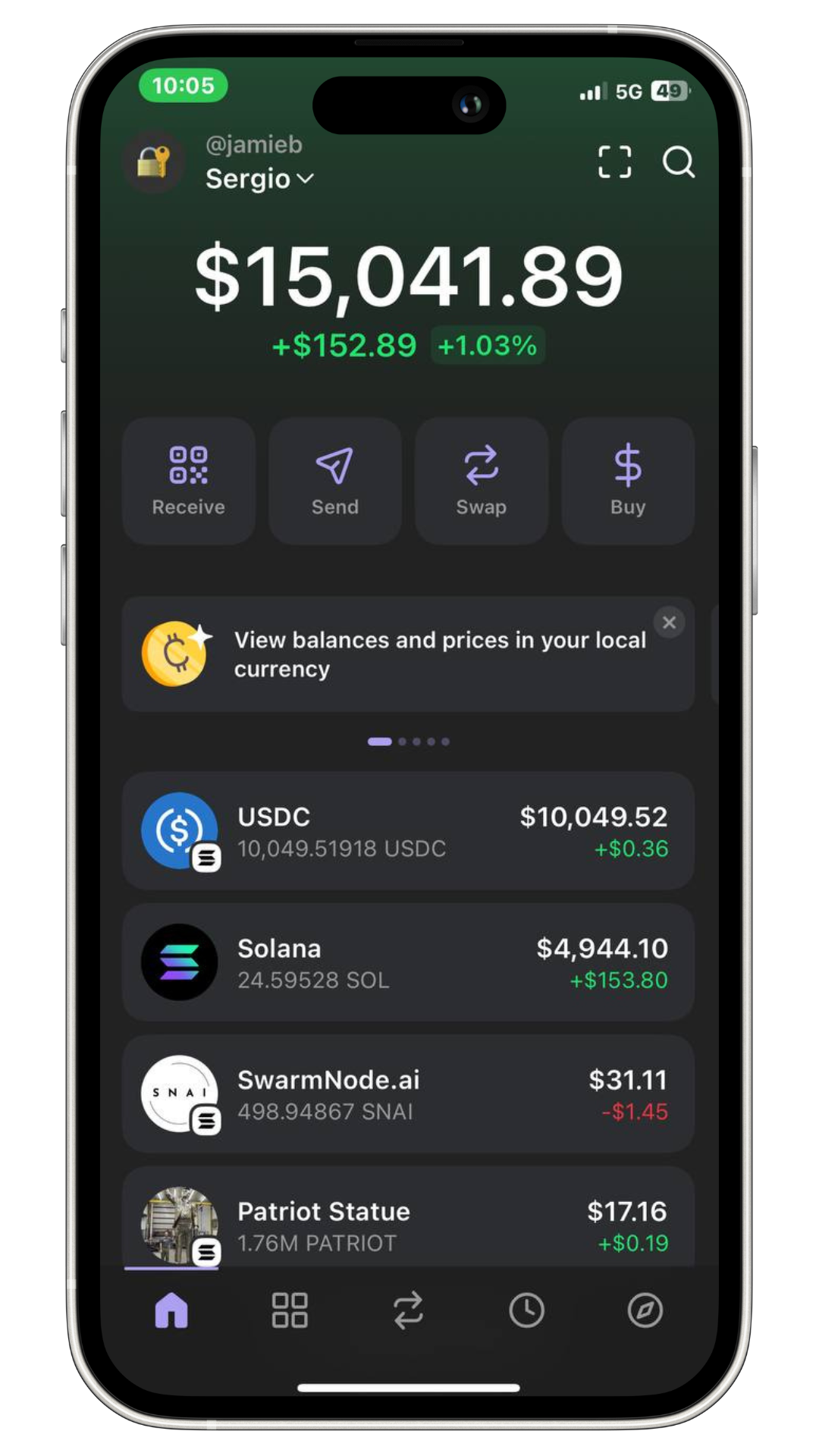 A Solana wallet open on a phone, showing token balances